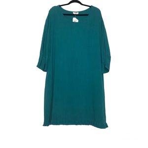 Umgee Teal Kimmey Linen Blend 3/4 Sleeve Shift Dress Sz S Boho Coastal Beach